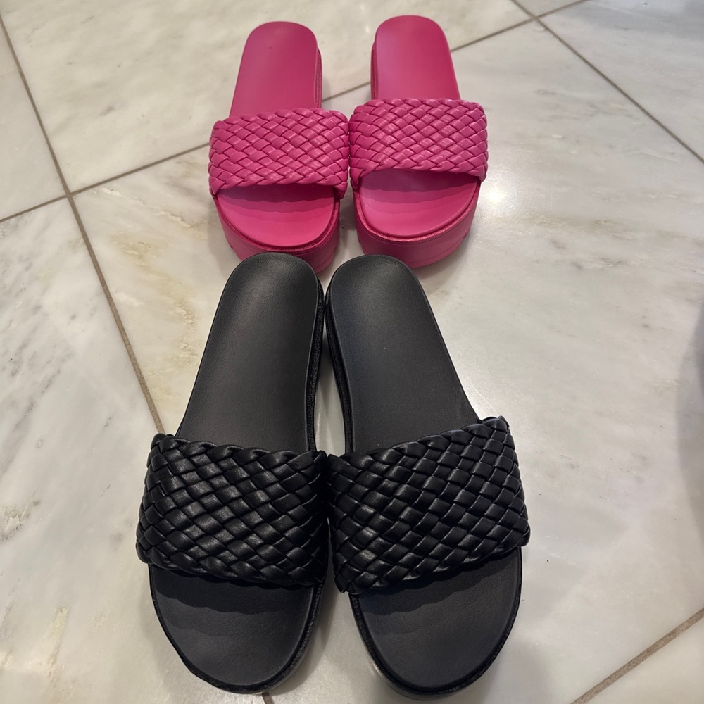 Woven Slide Sandals - Black & Hot Pink